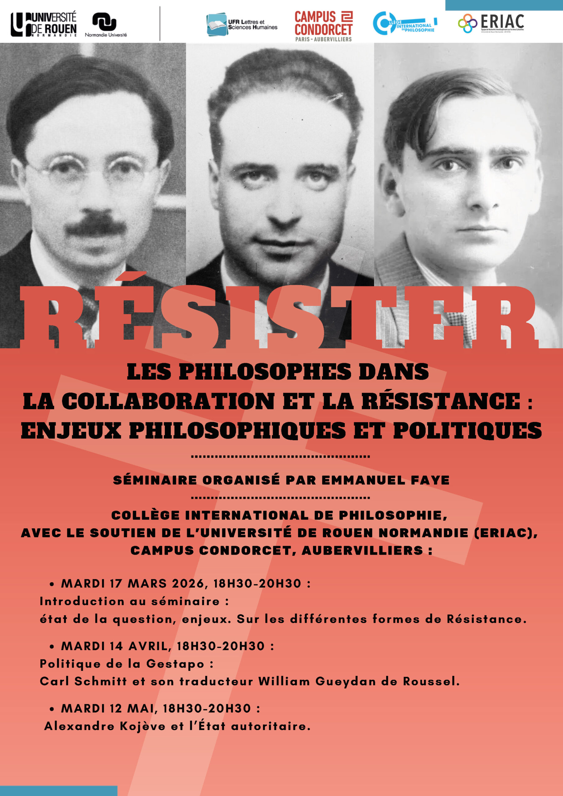 Affiche du séminaire "Les philosophes dans la collaboration et la résistance : enjeux philosophiques et politiques"