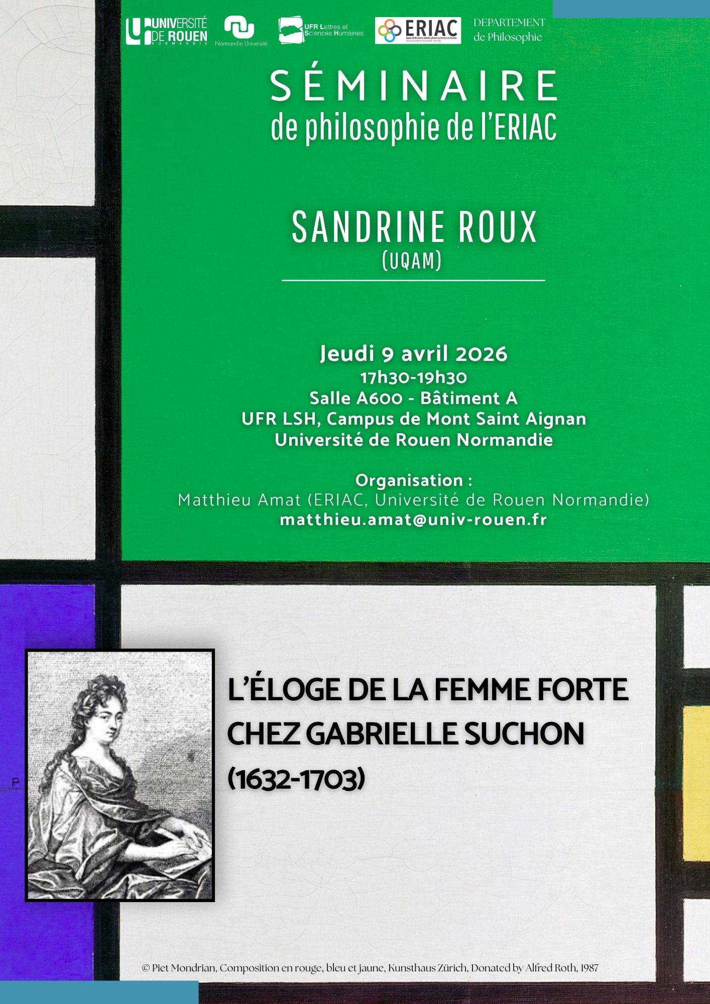 Affiche de la conférence "L'éloge de la femme forte chez Gabrielle Suchon (1632-1703)"