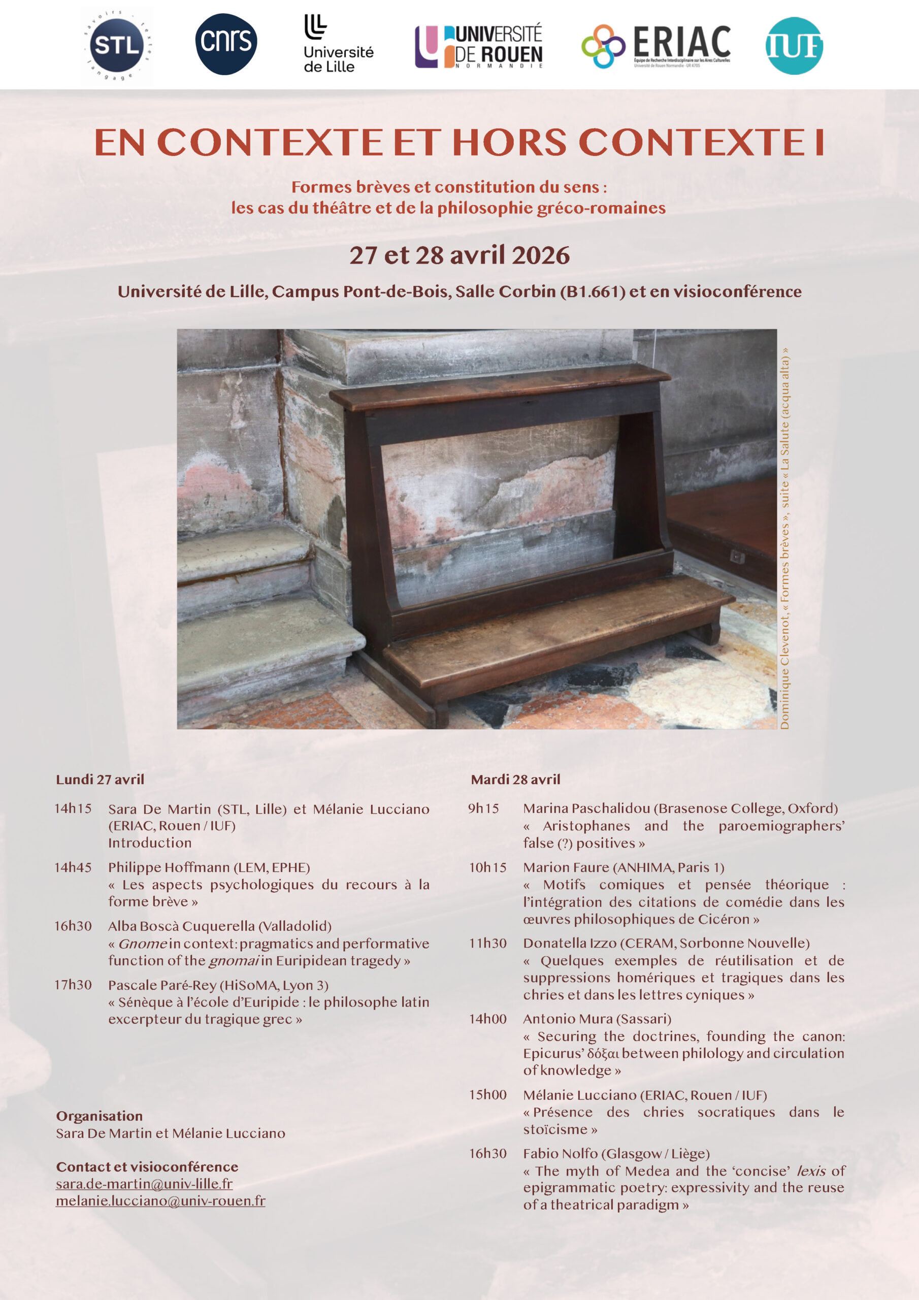 Affiche du colloque "En contexte et hors contexte I. Formes brèves et constitution du sens : les cas du théâtre et de la philosophie gréco-romaines"