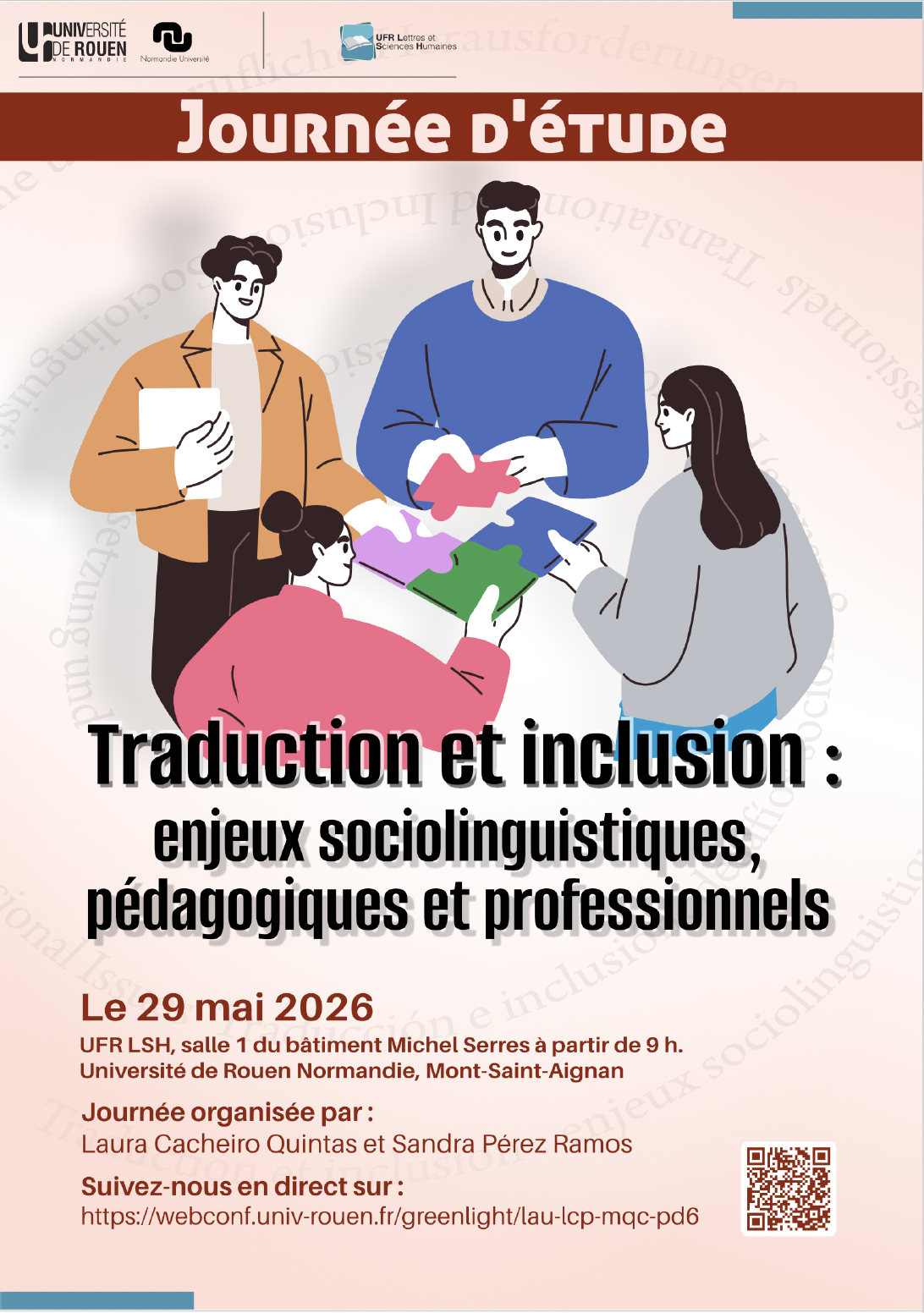 Affiche de la journée d'étude "Traduction et inclusion : enjeux sociolinguistiques, pédagogiques et professionnels"