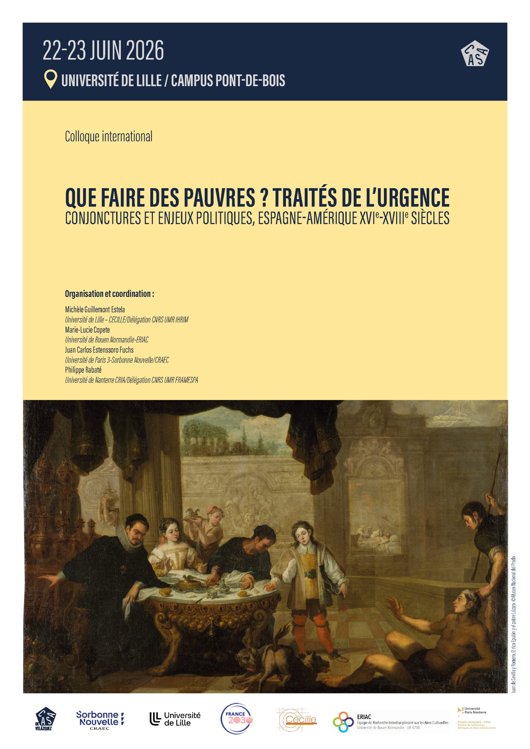 Affiche du colloque "Que faire des pauvres ? Traités de l'urgence. Conjonctures et enjeux politiques, Espagne-Amérique, XVIe-XVIIIe siècles"