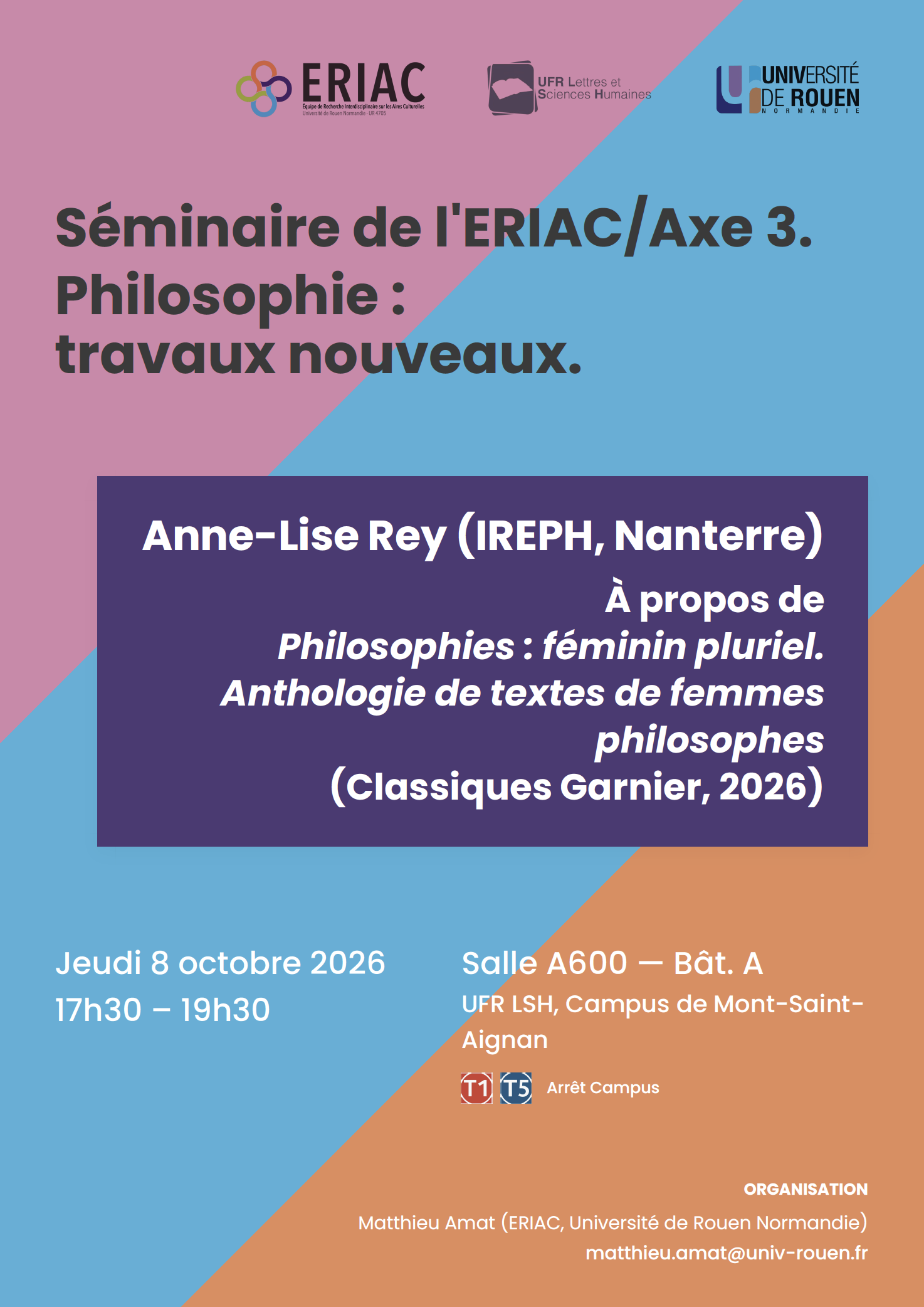 Affiche de la conférence "À propos de Philosophies : féminin pluriel. Anthologie de textes de femmes philosophes (Classiques Garnier 2026)"